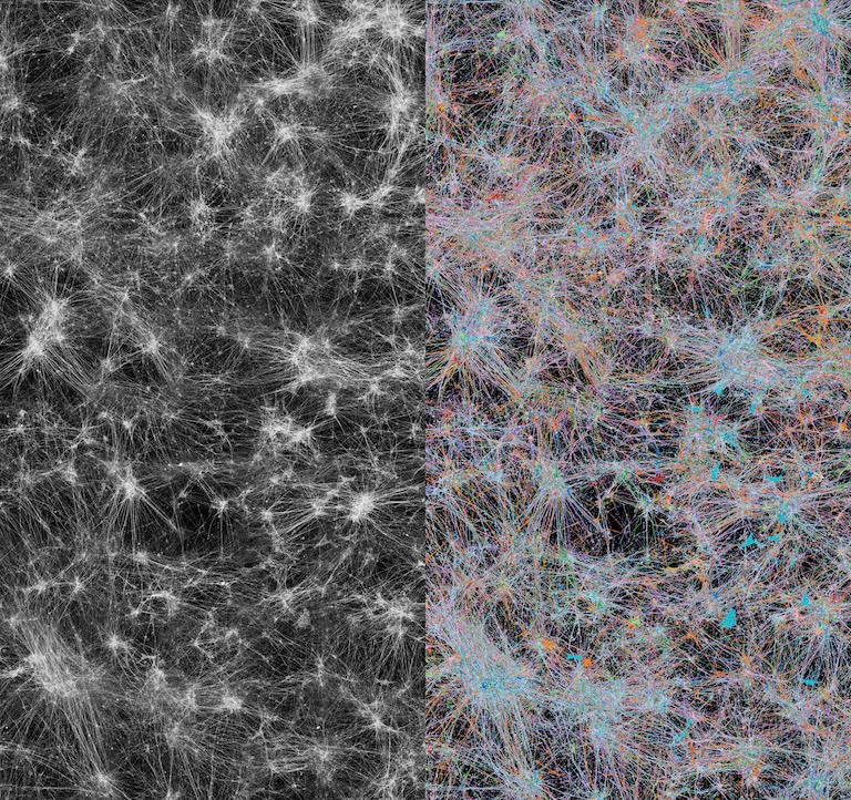 On the left, white strands strewn over black canvas, on the right, rainbow hued strands doing the same.