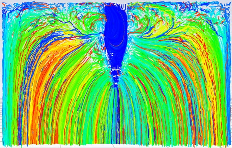 Colored pathlines show air permeating through a polymer