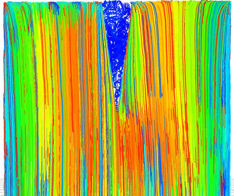 Colored pathlines show air permeating through a polymer