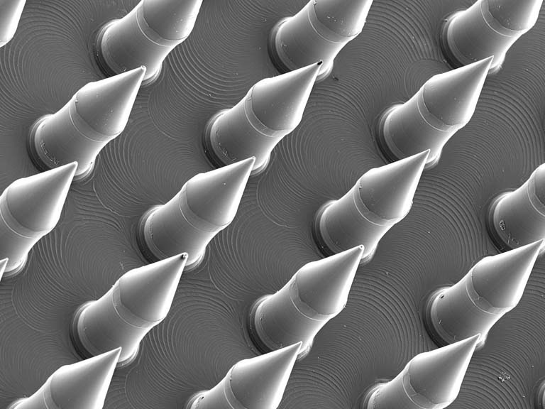 zoomed in view of diagonally oriented microneedles in grayscale