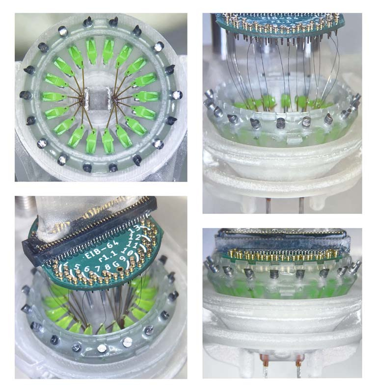 Four-panel composite of electrodes in a circle, seen from different angles