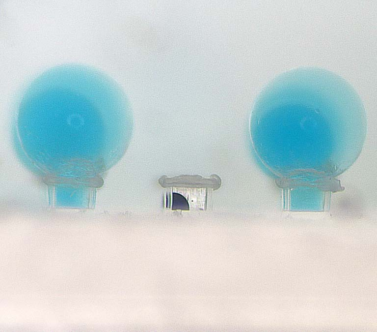 blue bubbles emerging from clear rectangular capsules